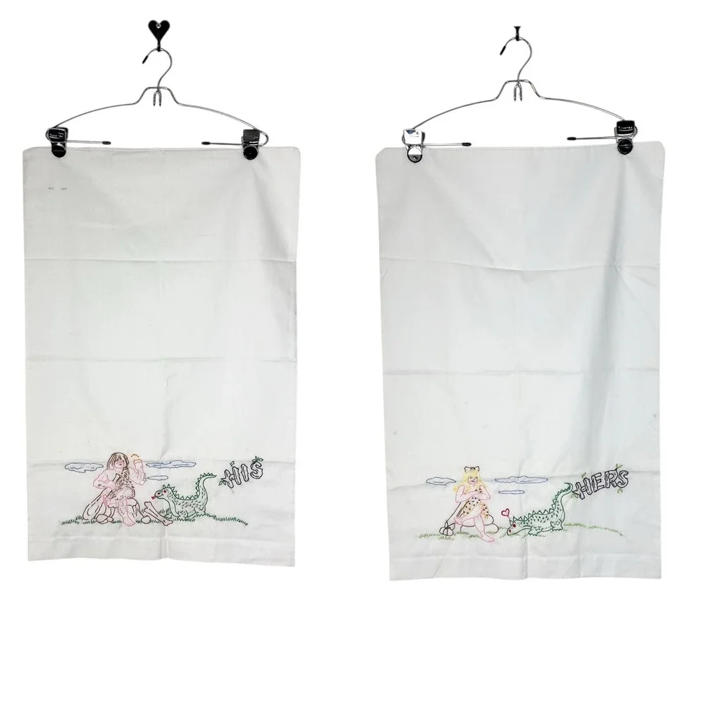 Vintage Embroidered pillowcases His Hers caveman cavewoman Prehistoric stitched